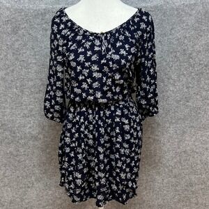 Oboe Blue Floral Rayon Mini Dress Elastic Waist Cottagecore Sun Spring Medium‎